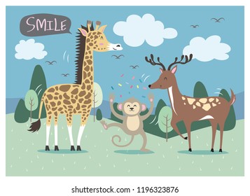 Designing various animals that are happy on the natural scenery.