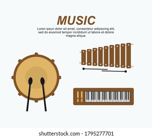 designs about the background of musical instruments including piano, drums