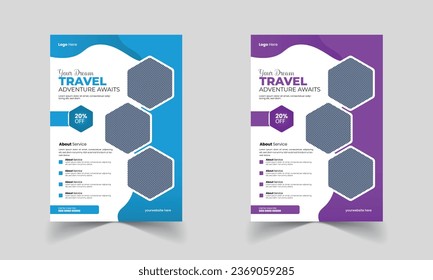 Designs of an advertisement for a travel agency or vacation package. Design of a flyer or poster for tourism, summer travel, and holidays. Design of a travel flyer template. Design for a summer party 