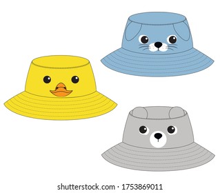 Designs of baby boy panama hat with puppy dog, bear and  chick faces in vector