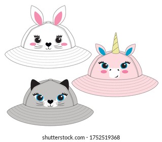 Designs of baby girls panama hat with bunny, kitten and unicorn faces in vector