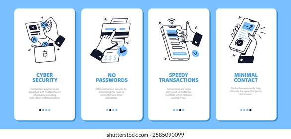 Designs of banking app onboarding set. Templates of welcome walkthrough screens of contactless cashless payment application. Paying with digital money by phone. Flat isolated vector illustrations