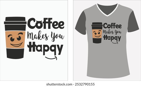 designs for coffee t shirts, illustration for print on demand tee, cute clothing, cute kawaii cup cartoon character on a t shirt template vector