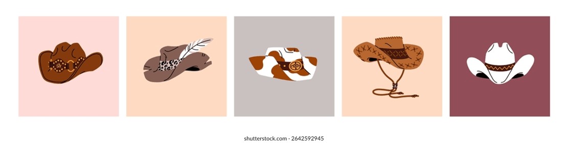 Designs of cowboy hats set. Different cowgirls headgears decorated with feathers, spotted pattern. Wild west headwear. Western American head accessories. Leather Texas caps. Flat vector illustrations