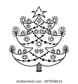 Designs of Doodle Christmas Trees. Christmas tree doodles. Fir tree line drawing collection isolated on white. Doodle sketch. Draw, element. To create holiday cards, backgrounds, ornaments, decoration
