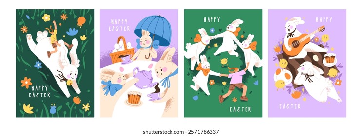 Designs of Easter card set. Templates of greeting postcards with cute paschal bunnies, eggs. Funny rabbits, happy hares have fun, round dance on meadow, celebrate holiday. Flat vector illustrations