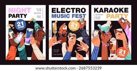Designs of event posters of party set. Templates with people celebrating, holding alcohol drinks. Hands with glasses of cocktails, wine and champagne, bottles of beer. Flat vector illustrations