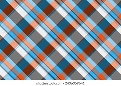 Designs fabric plaid textile, thread tartan check pattern. Woman texture seamless vector background in cyan and orange color.