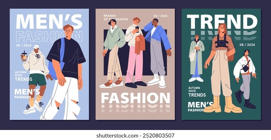 Designs of fashion magazine cover set. Templates of posters with men in trendy outfits. Stylish persons, trendsetters wearing brands' clothes are on pages. Male vogue. Flat vector illustrations