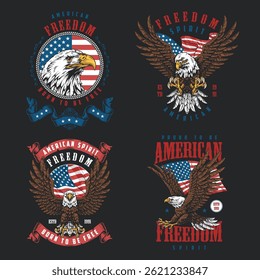 Designs feature eagles and American flags representing patriotism freedom and national pride. Each emblem highlights the spirit of America through bold graphics and colors.