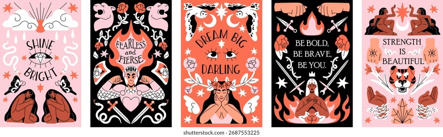 Designs de cartões de saudação com frases definidas. Boho modelos de cartão-postal com flores místicas, meninas fortes e fogo. Cartazes ou tarô volta com feminismo e poder das mulheres. Ilustrações de vetor planas