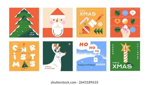 Designs of greeting Christmas cards set. Square templates of Xmas post in social media. New Year postcards in geometric style. Modern congratulations with winter holidays. Flat vector illustrations