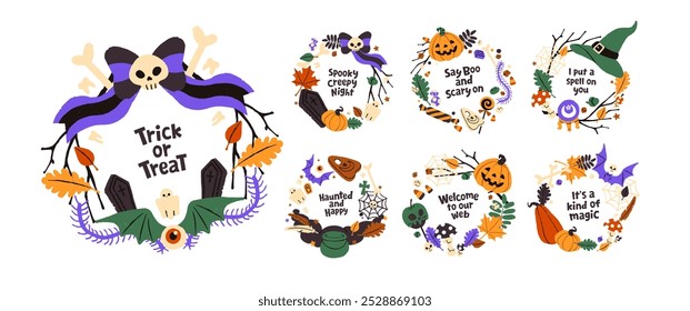 Diseños de conjunto de corona de Halloween. Círculos de Helloween aterradores con calabazas espeluznantes, Web, calaveras y caramelos. Decoración de vacaciones de otoño con cita en marcos redondos. Ilustraciones vectoriales aisladas planas en blanco