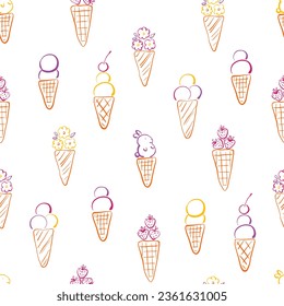 Designs with ice cream, flowers, strawberry, cherry and little bunny silhouette. Great pattern for summer shirts, dress, kids apparel and for kitchen textile.