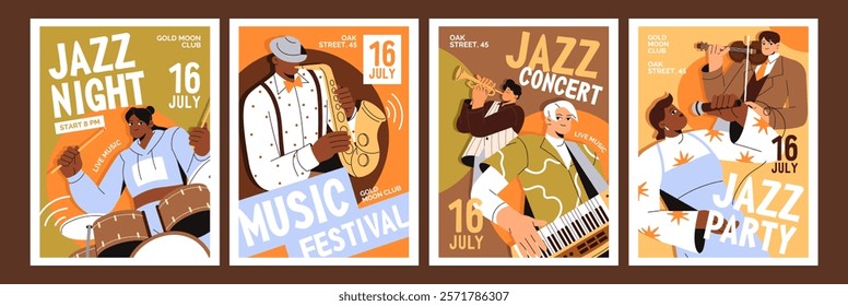 Designs of jazz concert event poster set. Promotion templates of performance with musicians playing music instruments. Jazzmen shows with saxophone in festival, party. Flat vector illustrations