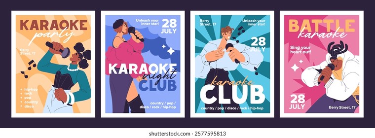 Designs of karaoke event poster set. Advertising templates of singers' performance with mic in club. Promotion layouts with people singing songs with microphones on stage. Flat vector illustrations