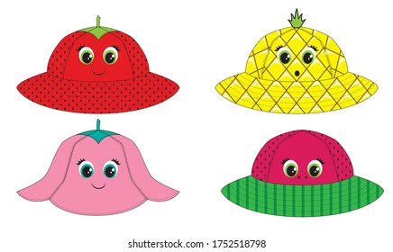 Designs of kids panama hat with fruits and flower in vector