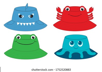 Designs of kids panama hat with sea creatures in vector