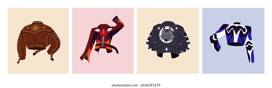 Desenhos de jaquetas de couro conjunto de vista traseira. Moda diferente motocicleta engrenagem. Vestuário de motociclistas elegante na parte traseira. Motocicleta de segurança vestígios para dirigir, andar. Ilustrações de vetor planas