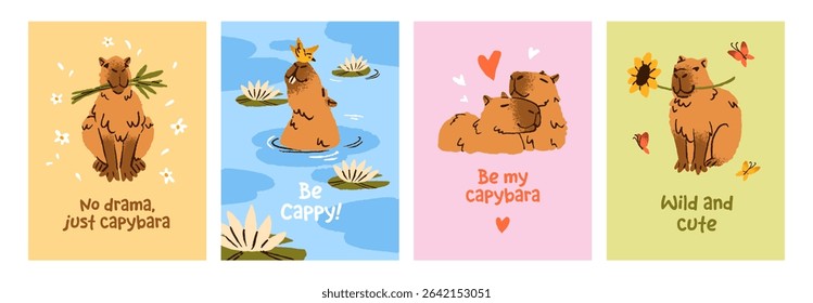 Designs of postcards with cute capibara set. Templates of Birthday or Valentine greeting cards with funny capybaras. Animals are swimming in water, relax together, cuddle. Flat vector illustrations