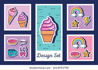 designs set of icons style pop art vector illustration design