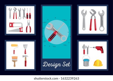 designs set of tools and equipments under construction vector illustration design