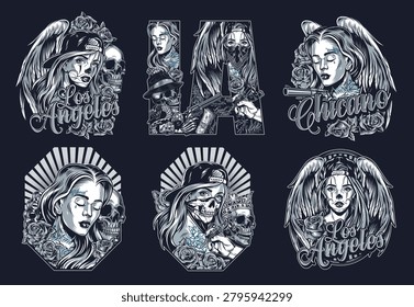 Designs show elements of Los Angeles culture with skulls portraits of individuals and symbols of Chicano art. The artwork features urban themes and reflects local identity and style.