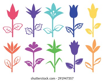 Designs of silhouettes of flowers with upright stalk and leaves in side view. Vector illustration isolated on white background.