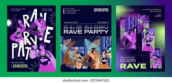 Designs of techno rave party event posters set. Templates of stylish disco in trendy night club promotion. Modern public nightlife in fashion nightclub with electronic music. Flat vector illustrations