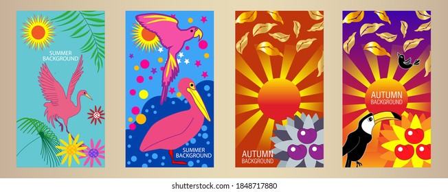 Designs templates of summer and autumn background. Seasons poster, flyer, invitation, card. Vector Illustration