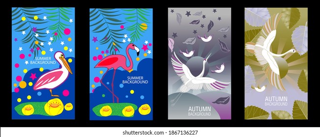 Designs templates of summer and autumn background. Seasons poster, flyer, invitation, card. Vector Illustration