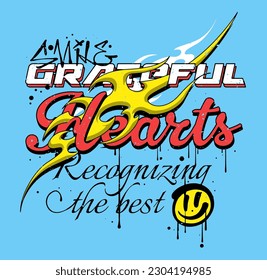 Designs for t-shirt prints with tribal tattoo illustrations, cheerful emoji icons, a slogan of gratitude, a touch of grunge, and a vintage aesthetic