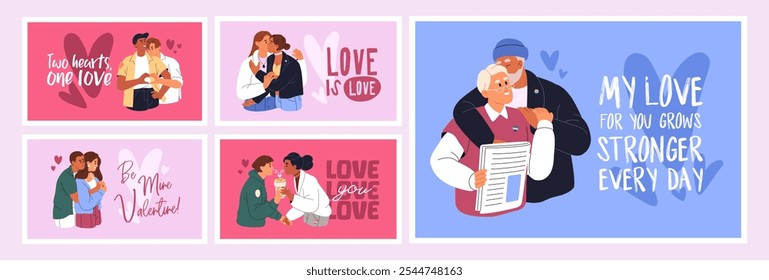 Designs of Valentine's Day card set. Template of 14 February postcards with romantic couples. Diverse LGBT people, happy lovers, beloveds love, hug, hold hands and kiss. Flat vector illustrations