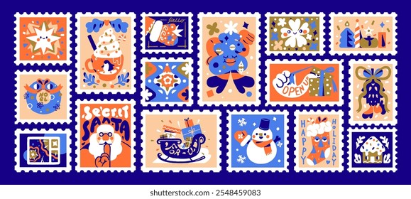 Designs of Xmas stamps set. Templates of New Year postmarks with Christmas tree, Santa, festive gifts. Winter holiday post cards decor. Postal stickers, mail. Flat isolated vector illustrations