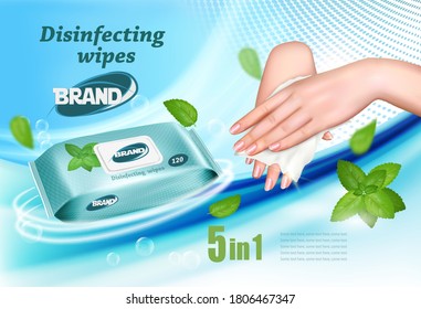 Desinfecting Wet Wipes Ad Template, Female Hands Using Wet Wipe To Desinfecting Cleance. Vector Illustration