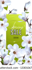 Desing advertising poster is a spring sale with magnolia flowers. Spring sale template