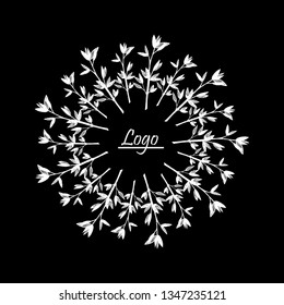 Desing logotype white circle leaves on black background. Vector graphics