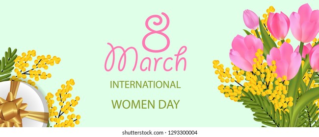 Desing for March 8 International Women's Day with Tulip bouquet and Mimosa, gift box with gold bow. Light Banner or background with flowers. Vector Illustration.