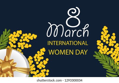 Desing for March 8 International Women's Day with Mimosa and gift box with gold bow. Background with spring flowers. Vector Illustration.