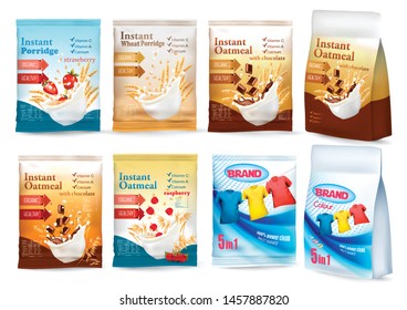 Desing template. Instant porridge, laundry detergent advert concept. . Vector