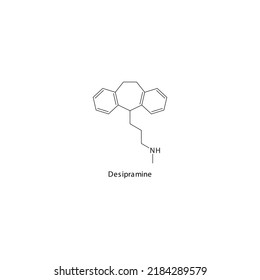 Desipramine molecule flat skeletal structure, TCA - Tricyclic antidepressant class drug used in depression treatment. Vector illustration on white background.