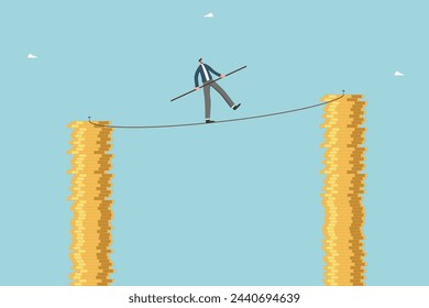 Desire to develop highly profitable business, motivation to achieve wealth, leadership to increase wages, financial growth, increasing investment portfolio, man walks tightrope between stacks of coins