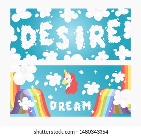 Desire and dream cloudy words. Rainbow bright colorful sky weather banners vector illustration. Curve shape, fantasy art clouds background. Magic design with unicorn. Desire.