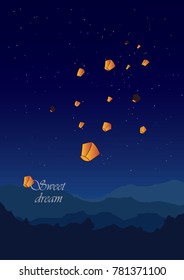 desire lanterns on a starry blue background