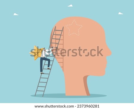 Desire or motivation for high results and receiving awards, secret key or plan for achieving success in business, career growth, successful achievement of goal, man with star climbs ladder to big head