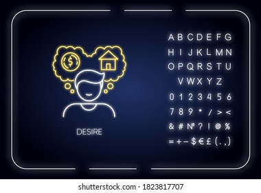 Wünschen Sie ein Neonlicht-Symbol. Äußerer leuchtender Effekt. Persönliche Ambitionen, Ziele und Ambitionen zeichnen sich durch Alphabet, Zahlen und Symbole aus. Person, die plant, Hausvektor einzeln RGB Farbgrafik zu kaufen