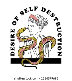 Deseos de autodestrucción diseño de la huella de slogan con la imagen de la serpiente y el veno de la estatua