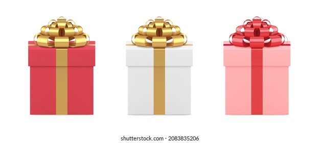 Desired elegant closed wrapped gift box decorated by luxury metallic bow ribbon 3d vector illustration. Realistic romantic present cardboard containers for celebrate Valentines, birthday or Christmas