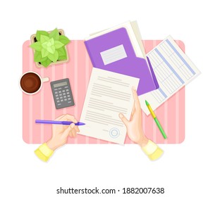 Escritorio sobre diseño con las manos humanas Firma documento con carpeta y forma en blanco Restringido cerca de la ilustración del vector