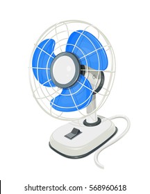 Desk air fan. Device for conditioning room. Comfort electric blower. Wind ventilator. Vector illustration. Isolated white background.